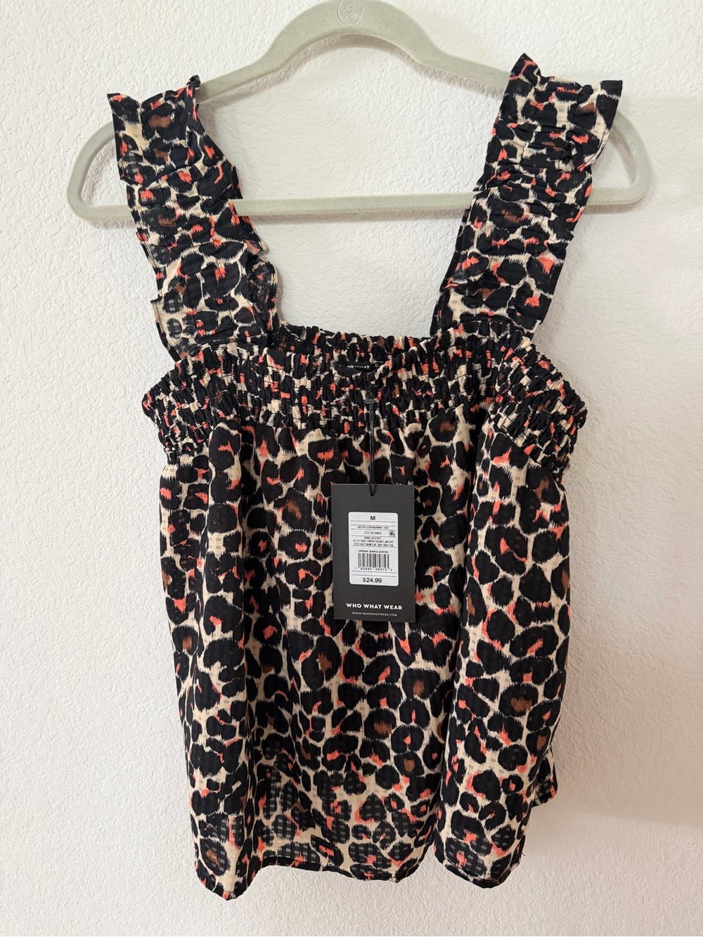 Who What Wear Black Leopard Print Smocked Tank Top with Coral Accents
